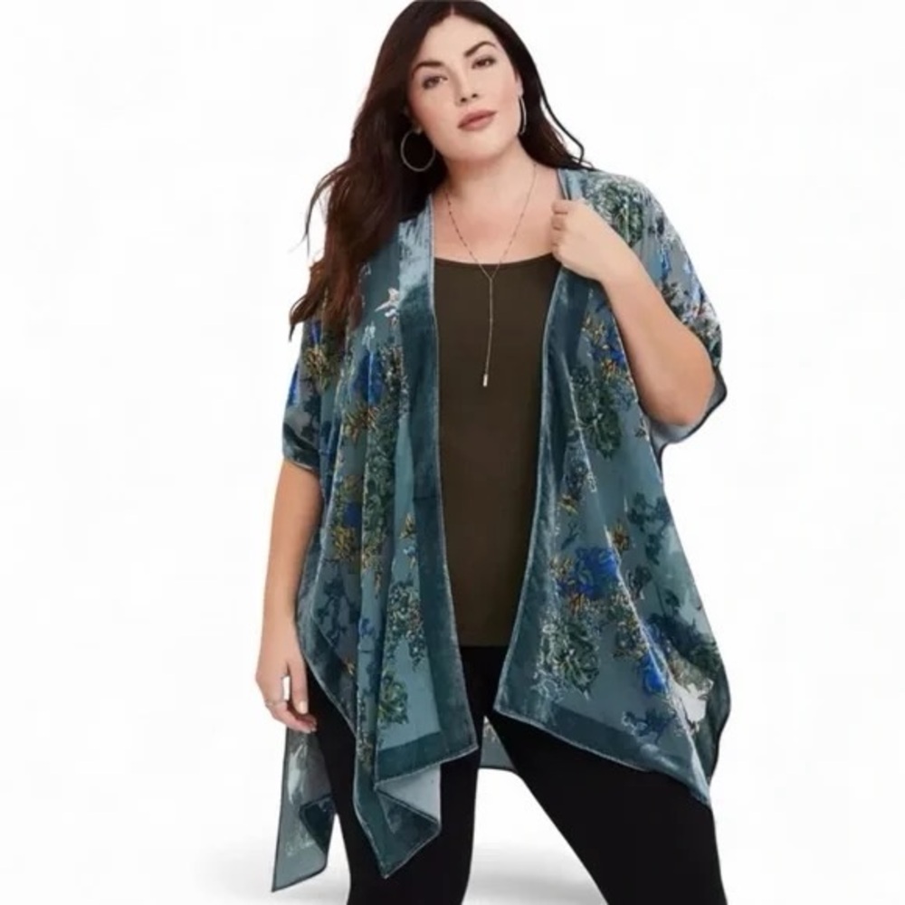 NWT Torrid Teal Floral Velvet Burnout Kimono - Torrid Size 3/4 (22-26) - Picture 3 of 15